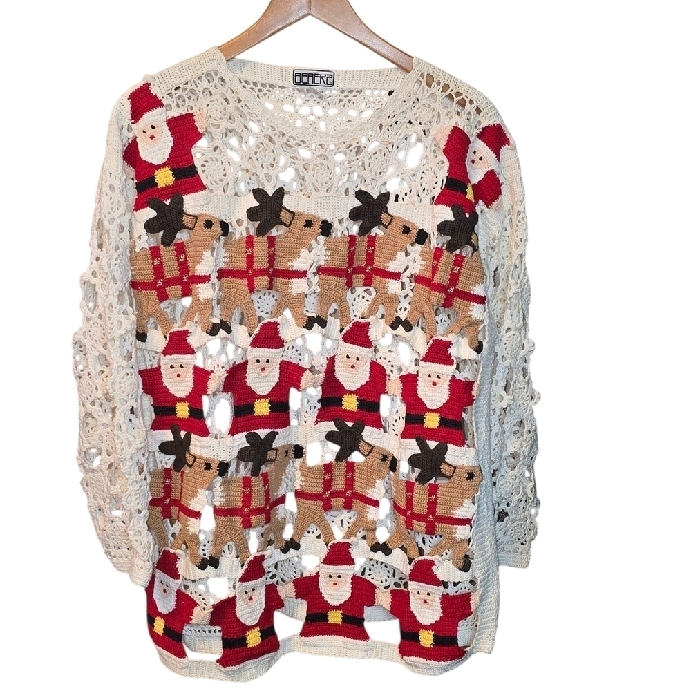 BEREK Vintage Rare 3D Crochet Christmas Sweater Santa Reindeer Cotton Size M/L